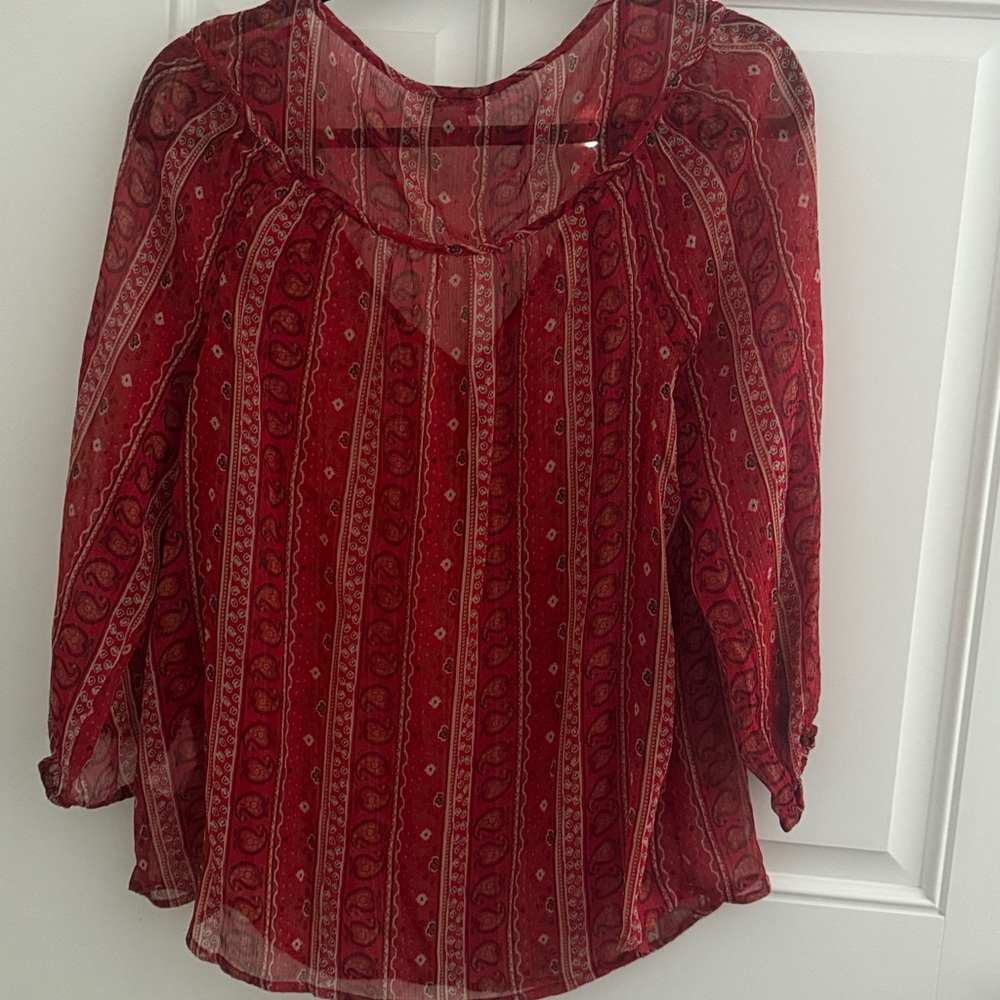 Lucky Brand Red Printed Sheer Peasant Top - Picture 5 of 7